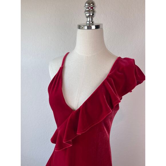 Express Velvet Red One Shoulder Mini Dress Ruffle V Neck size Small Whimsigoth - Picture 3 of 11